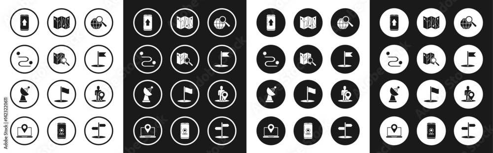 Set Magnifying glass with globe, Folded map location marker, Route, Infographic of city navigation, Flag, Map silhouette person and Radar icon. Vector Set Magnifying glass with globe, Folded map location marker, Route, Infographic of city navigation, Flag, Map silhouette person and Radar icon. Vector