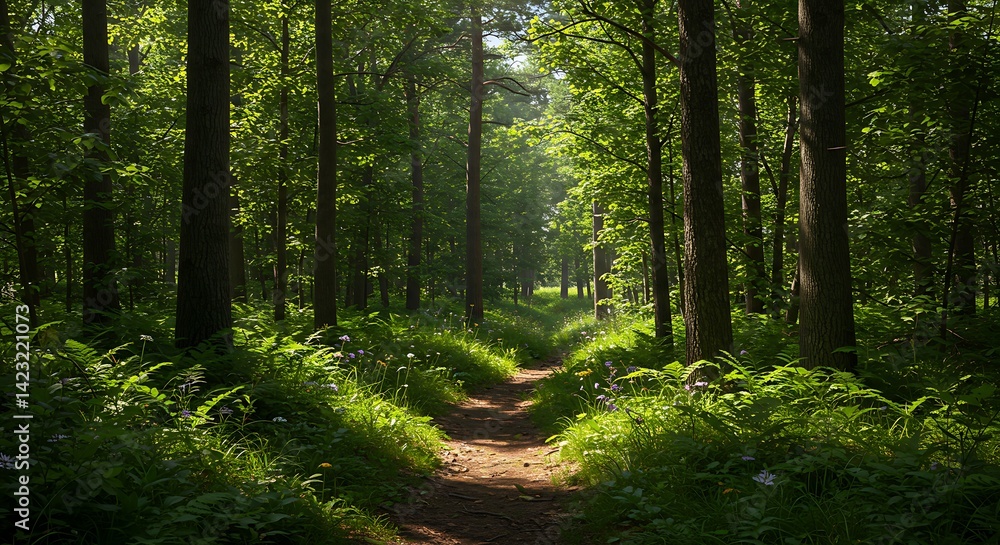 Fototapeta premium Forest Path - Serene Path Through Trees in Sunlight