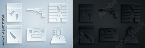 Set Retro audio cassette tape, Suspect criminal, Evidence bag and knife, Judge, Pistol or gun with silencer and bullet icon. Vector