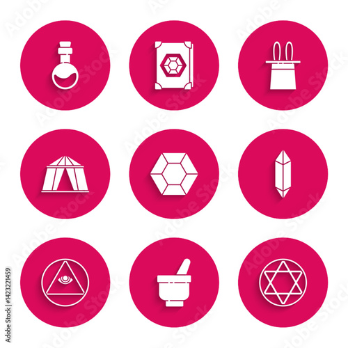 Set Magic stone, mortar and pestle, Star of David, Masons, Circus tent, Magician hat rabbit ears and Bottle with love potion icon. Vector