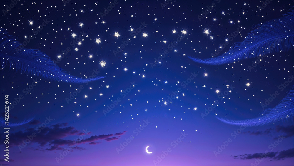 Fototapeta premium 雲の向こうに見える星空と月、夜景