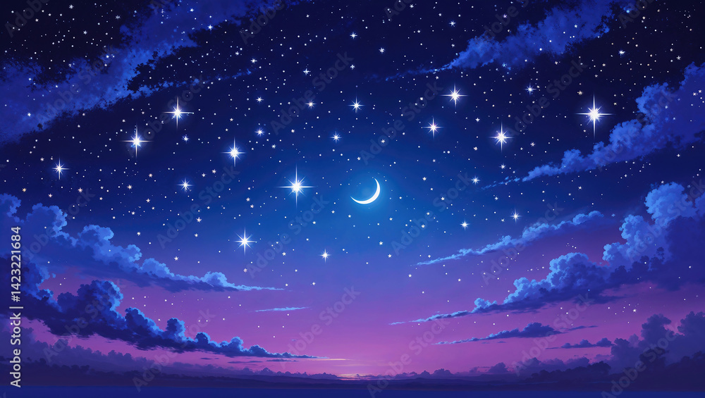 Fototapeta premium 雲の向こうに見える星空と月、夜景