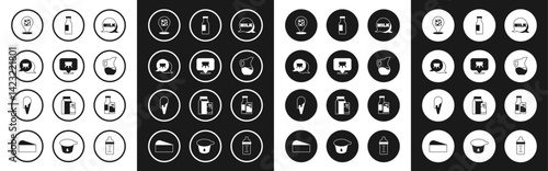 Set Lettering milk, Udder, Cheese, Milk jug or pitcher, Bottle with, and glass and Ice cream waffle cone icon. Vector