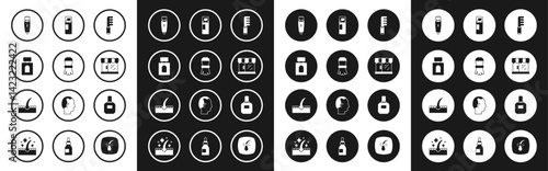 Set Hairbrush, Shaving, Aftershave, clipper, Barbershop building, gel foam, and Human hair follicle icon. Vector