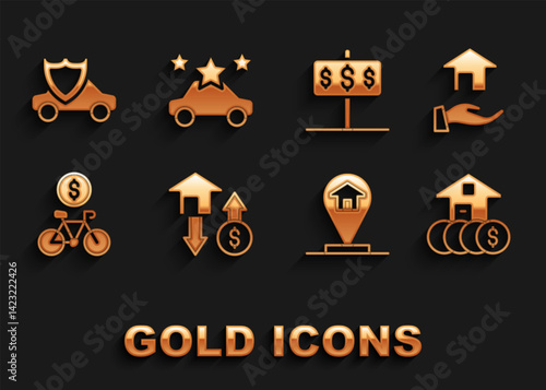 Set House with dollar, Realtor, Location house, Bicycle rental mobile app, Car shield and sharing icon. Vector