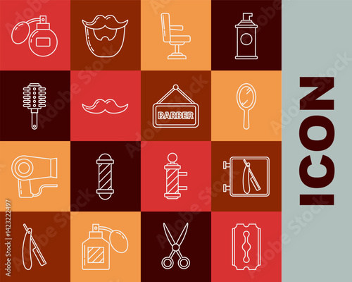 Set line Blade razor, Barbershop with, Hand mirror, chair, Mustache, Hairbrush, Aftershave and icon. Vector