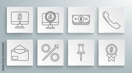 Set line Envelope, Computer monitor with pound sterling symbol, Percent up arrow, Push pin, Reward for good work, Stacks paper money cash, Telephone handset and dollar icon. Vector