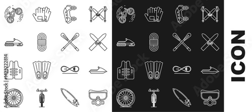 Set line Diving mask, Jet ski, Ski and sticks, Knee pads, Climber rope, Snowmobile, Bicycle trick and Crossed paddle icon. Vector