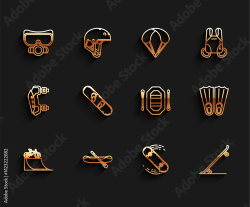 Set line Bicycle on street ramp, Rafting boat, Diving mask, Skateboard trick, Snowboard, Rubber flippers for swimming and icon. Vector
