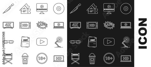 Set line Laptop screen with HD video technology, Table lamp, Online play, 4k movie, tape, frame, Knife and Bang boom text speech bubble balloon icon. Vector