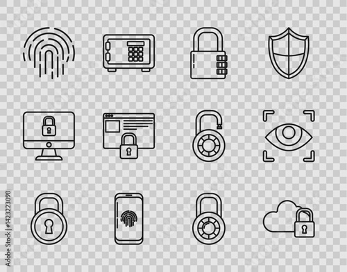 Set line Lock, Cloud computing lock, Safe combination, Smartphone with fingerprint scanner, Fingerprint, Secure your site HTTPS, SSL, wheel and Eye icon. Vector