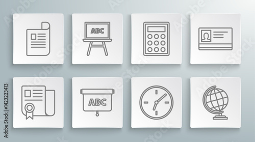 Set line Certificate template, Chalkboard, Clock, Earth globe, Calculator, Identification badge and Document icon. Vector