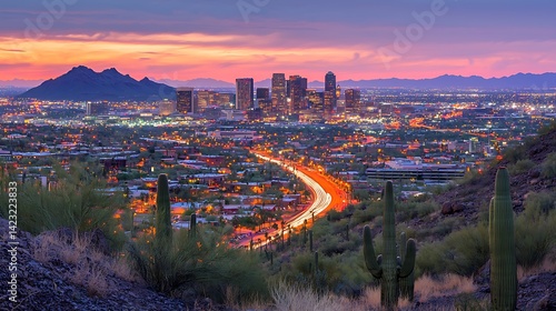 Phoenix Arizona illuminated skyline at sunset, showcasing desert landscape and urban architecture