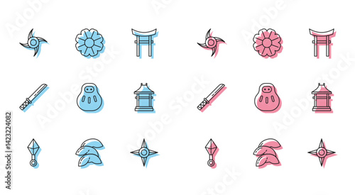Set line Japanese ninja shuriken, Chinese fortune cookie, Maneki neko cat, Gate, Traditional katana and Flower icon. Vector