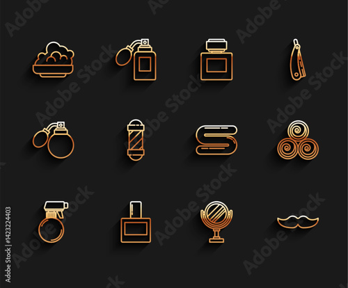 Set line Hairdresser pistol spray bottle, Aftershave, Shaving gel foam, Round makeup mirror, Mustache, Classic Barber shop pole, Towel rolls and icon. Vector