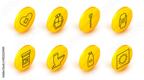 Set line Condom in package safe sex, Bottle of liquid antibacterial soap, Toilet bowl, Medicine bottle, Sanitary napkin, Toothbrush, Perfume and Heart with cross icon. Vector