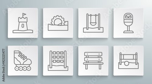 Set line Roller skate, Ferris wheel, Tic tac toe game, Bench, Volleyball net with ball, Swing, Trash can and Sand tower icon. Vector