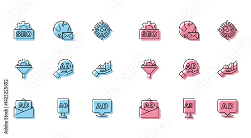 Set line Advertising, SEO optimization, Pie chart infographic, Sales funnel with gear and Earth globe mail icon. Vector