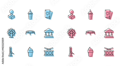 Set line High striker attraction with big hammer, Drum drum sticks, Jumping trampoline, Attraction carousel, Ferris wheel and Paper glass drinking straw and water icon. Vector