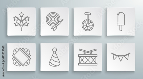 Set line Ticket, Classic dart board and arrow, Party hat, Drum with drum sticks, Carnival garland flags, Unicycle or one wheel bicycle, Ice cream and Fireworks icon. Vector