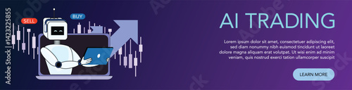 AI trading banner template featuring robot with laptop display and investment graphics for landing page