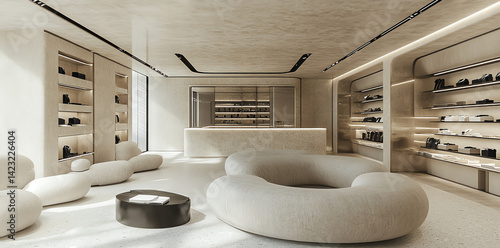 Elegant beige and cream minimalist showroom with curved sofas and display shelves perfect for showcasing luxury goods and creating a high-end brand image.