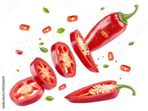 red jalapeno slices flying isolated on white background, PNG