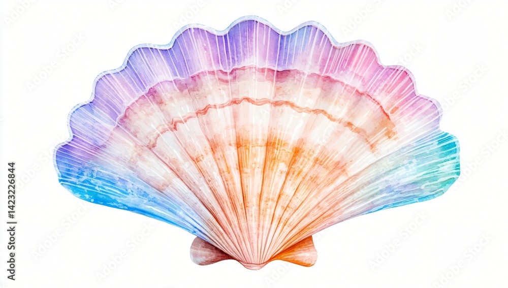 Fototapeta premium Vibrant Watercolor Seashell Illustration Pastel Rainbow Colors Ocean Theme Scallop Shell Design