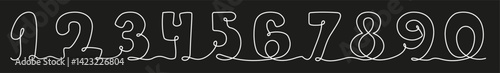 Numbers One Continuous Line Drawing. White Minimalistic Arabic Simple Linear numerals symbol on black background. Counting signs in row continuously from 0 to 9. Vector Monoline. Editable stroke