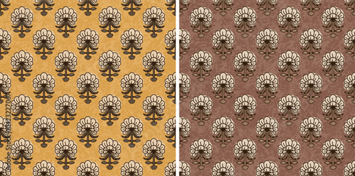 Traditional Dancing Ajrakh Floral Hand Block Printed Repeat Vector Pattern 