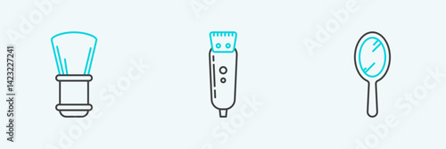 Set line Hand mirror, Shaving brush and Electrical hair clipper shaver icon. Vector