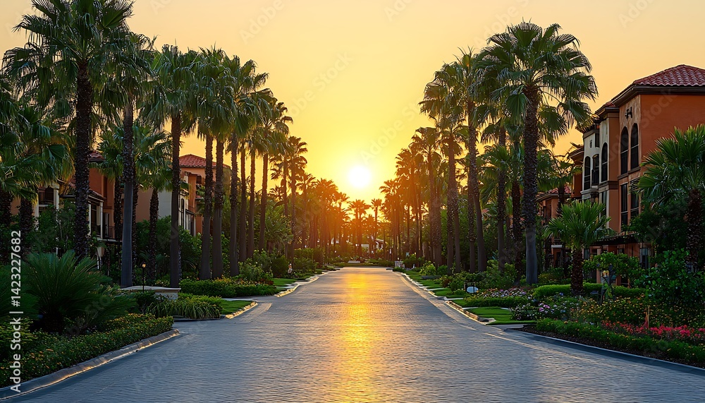 Sunset Palm Lined Resort Avenue