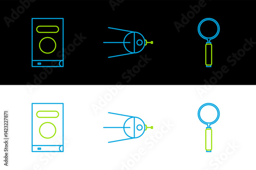 Set line Magnifying glass, Book and Satellite icon. Vector