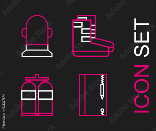 Set line Underwater note book and pencil, Aqualung, Boots and Buoy icon. Vector