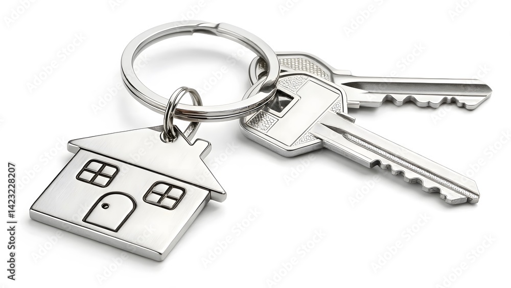 Minimalist Silver Keys with House-Shaped Keychain on White V2