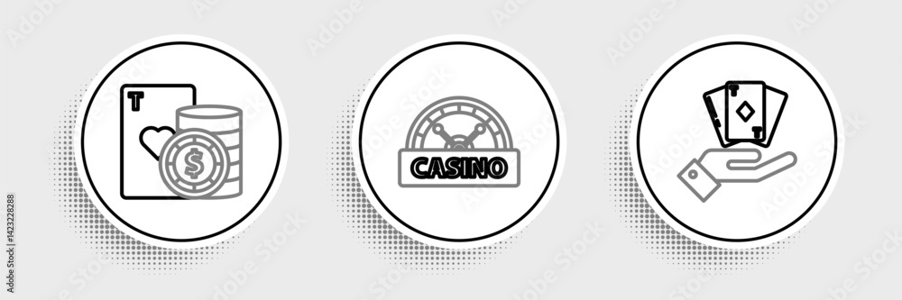Obraz premium Set line Hand holding deck of playing cards, Casino chip and signboard icon. Vector