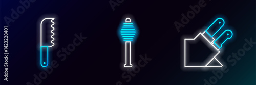 Set line Knife, Bread knife and Honey dipper stick icon. Glowing neon. Vector