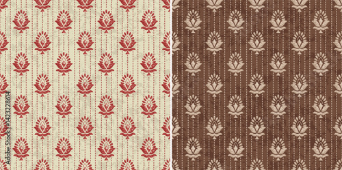 Premium Damask Ikat Block Print with Handwork Rice Stitch  Red Traditional Vector Abstract Repeat Pattern