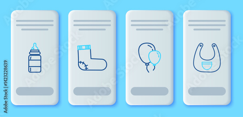 Set line Baby socks clothes, Balloons with ribbon, bottle and bib icon. Vector