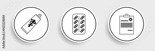 Set line Medical clipboard with clinical record, Ointment cream tube medicine and Pills blister pack icon. Vector