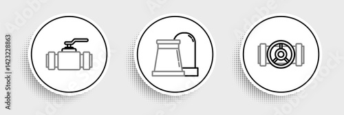 Set line Industry metallic pipes and valve, and Oil gas industrial factory building icon. Vector
