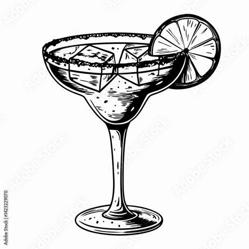 Illustration of a Margarita Glass with Ice and Lime Slice Against a Clean Background, Representing Refreshment and Celebration