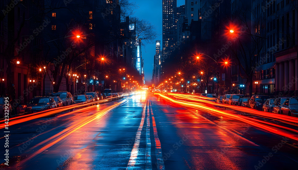 Obraz premium Dynamic city nightscape vibrant light trails and urban architecture