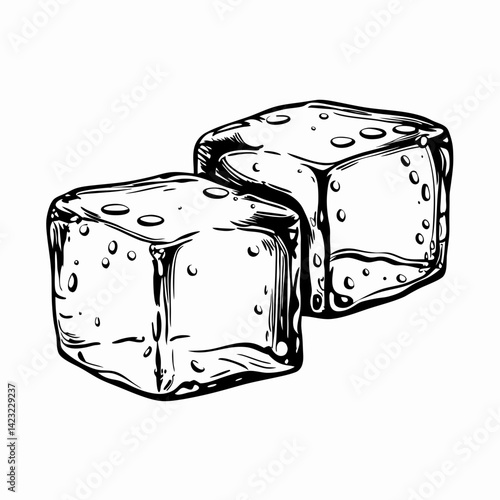 Two ice cubes sparkling with moisture on a white background, symbolizing refreshment and chill, perfect for drinks and summer celebrations.