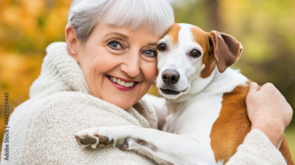 Joyful grandma with dog in autumn park embracing the outdoors, senior woman and pet bonding, perfect for family and animal love themes Joyful grandma with dog in autumn park embracing the outdoors, senior woman and pet bonding, perfect for family and animal love themes