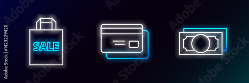 Set line Stacks paper money cash, Shoping bag with Sale and Credit card icon. Glowing neon. Vector