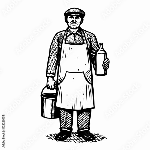 Man in apron holding milk bottle and bucket in vintage style illustration, represents traditional dairy farming and labor.