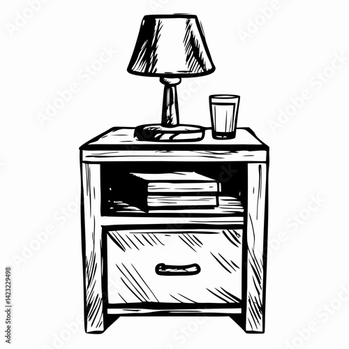 Illustration of a minimalist nightstand with a lamp, glass, and books, showcasing cozy home decor and functionality for bedroom organization.