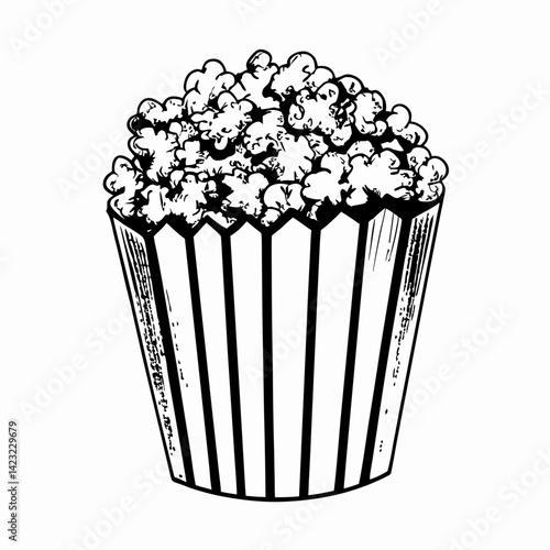 Delicious popcorn overflowing in a classic striped container, perfect for movie nights or snacks, representing comfort and enjoyment while watching films.