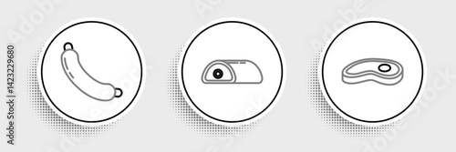 Set line Steak meat, Sausage and Meat icon. Vector